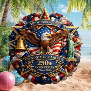 Personalized Wilson Family America 250 Years Patriotic Wreath Ornament