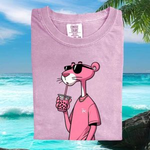 Pink Panther Drinking Bubble Tea Aesthetic Streetwear T Shirt