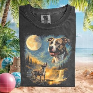 Pitbull Howling at the Moon Vintage Waterfall Nature Dog T Shirt