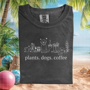 Plants Dogs Coffee Line Art Botanical Gardening Dog Lover T Shirt