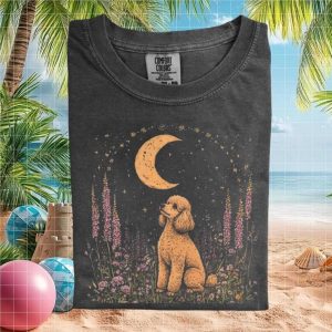 Poodle Dog Gazing At Crescent Moon Floral Garden T Shirt