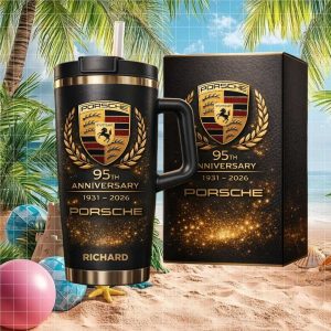 Porsche 95th Anniversary Personalized Custom Name Richard Retro 20oz Black Gold Stainless Steel Insulated Tumbler