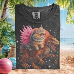 Princess Cat Riding Raptor Fantasy Gaming Graphic T Shirt