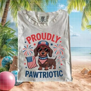 Proudly Pawtriotic Dachshund American Flag Fireworks T Shirt