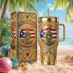 Puerto Rico Pride Flag Coat Of Arms Gold Luxury Heritage Gift Stainless Steel Insulated Tumbler