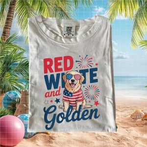 Red White And Golden Retriever Dog Patriotic Fireworks T Shirt