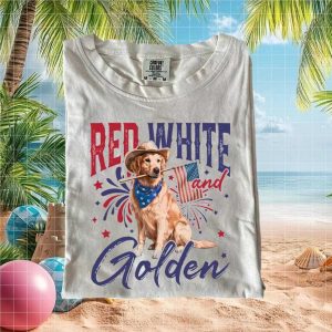 Red White and Golden Retriever 4th of July Cowboy Dog T Shirt