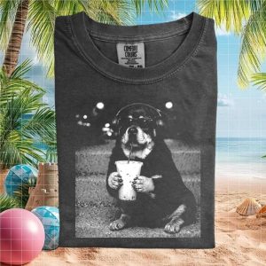 Rottweiler Dog Listening To Music Drinking Coffee T Shirt