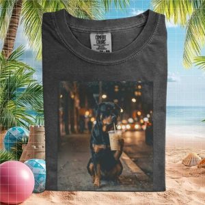 Rottweiler Drinking Iced Coffee City Night Graphic T Shirt