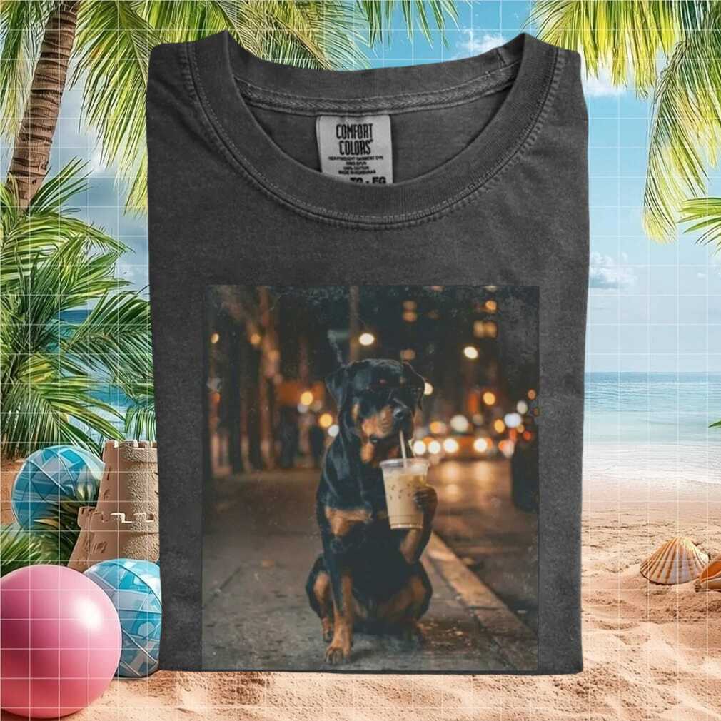 Rottweiler Drinking Iced Coffee City Night Graphic T Shirt Rottweiler Drinking Iced Coffee City Night Graphic T Shirt