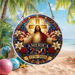 Sacred Heart Jesus America 250 Years 1776 2026 Stained Glass Religious Ornament