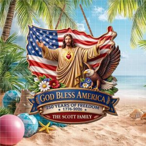 Sacred Heart Jesus God Bless America 250 Years of Freedom Custom Family Ornament