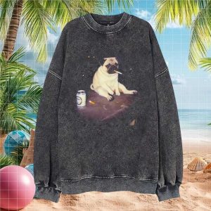 Sad Pug Smoking Beer Graphic Vintage Style T Shirt