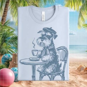 Schnauzer Dog Wearing Beret Drinking Coffee T Shirt