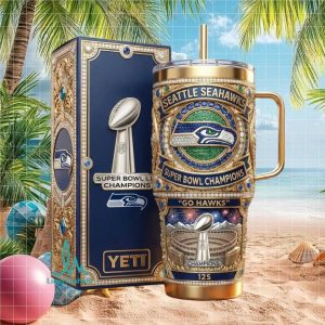 Seattle Seahawks Super Bowl Champions Gold Jeweled Fan Gift Stainless Steel Insulated Tumbler