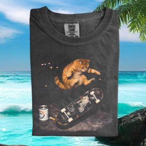 Skateboarding Cat With Beer And Cigarette Streetwear T Shirt