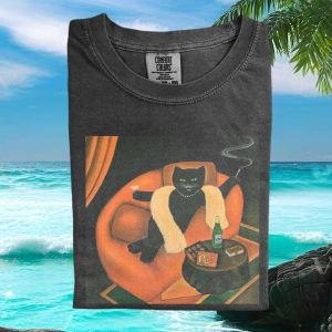 Sophisticated Black Cat Smoking Martini Art Vintage Style T Shirt