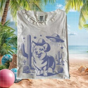 Space Corgi Cowboy Western UFO Graphic Retro T Shirt