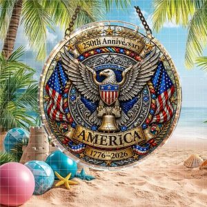 Stained Glass Style USA 250th Anniversary Circle Plaque Patriotic Bald Eagle Ornament