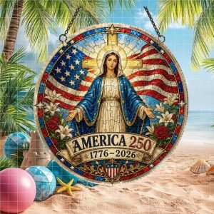 Stained Glass Virgin Mary America 250th Anniversary Patriotic Faith Ornament