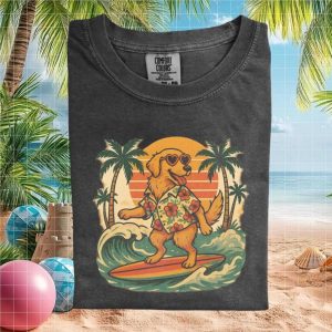 Surfing Golden Retriever Tropical Beach Retro Sunset T Shirt