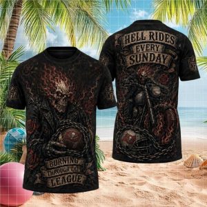 Tampa Bay Buccaneers Hell Rides Every Sunday T Shirt Flaming Skull NFL Biker T Shirt