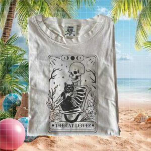 T-shirt Femme The Crazy Cat Lady – Motif Squelette, Carte De Tarot, Lune Et Sorcière, Coupe Classique, Léger, Parfait Pour Les Amoureux Des Chats