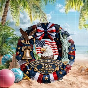 USA 250th Anniversary Patriotic Wreath Ornament Liberty Bell & Statue of Liberty American Celebration Graphic