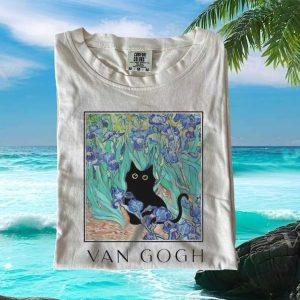 Van Gogh Black Cat Iris Painting Famous Art Lover T Shirt