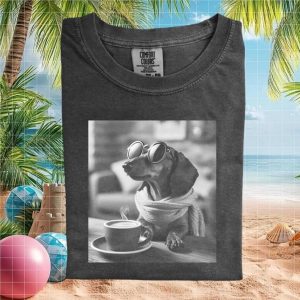 Vintage Dachshund Drinking Coffee Sunglasses Cool Dog Graphic T Shirt