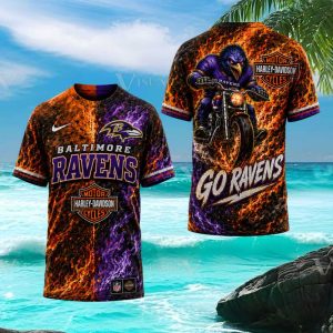 Baltimore Ravens Harley Davidson Biker Flame Design T Shirt