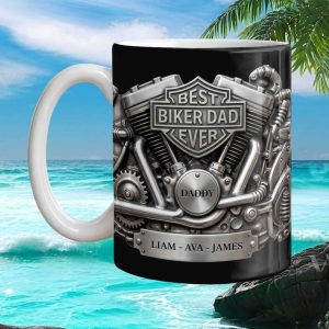 Best Biker Dad Ever Personalized Motorcycle Engine Custom Names Gift Ceramic Coffee Mug