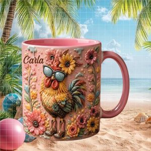 Carla Personalized Flower Rooster Cowboy Boots Funky Floral Country Farmhouse Style Ceramic Mug
