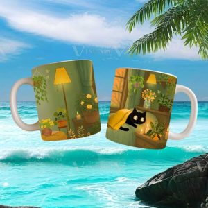 Cozy Black Cat Aesthetic Bedroom Plant Lover Relaxing Vibes Home Decor Ceramic Gift Mug