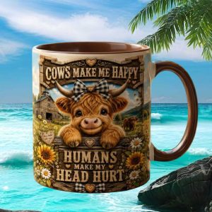 Cute Highland Cow Farmhouse Decor Funny Humans Make My Head Hurt Ceramic Mug