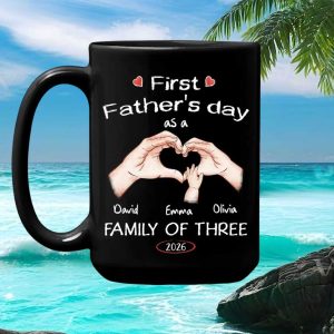 First Father's Day Family of Three 2026 Custom Personalized Gift for New Dad Mug