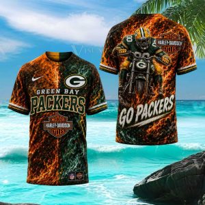 Green Bay Packers Harley Davidson Biker Flame Jersey T Shirt