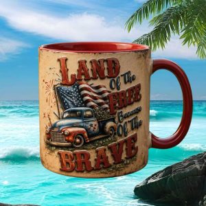 Land Of The Free Brave Patriotic American Flag Vintage Truck Independence Day Ceramic Mug