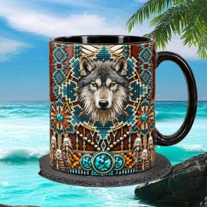Majestic Wolf Native American Beadwork Turquoise Jewelry Pattern Spiritual Animal Lovers Gift Mug