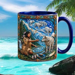 Native American Dreamcatcher Wolf Art Spiritual Nature Enthusiasts Collectible Ceramic Coffee Mug