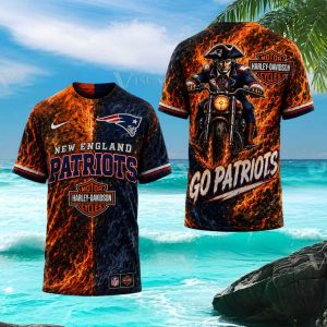 New England Patriots Harley Davidson Style Biker Flaming T Shirt