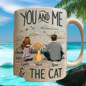 Personalized Couple With Cat Mountain Sunset Romantic Anniversary Gift For Partner Ceramic Mug