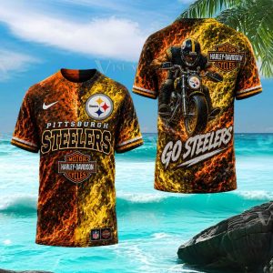 Pittsburgh Steelers Harley Davidson Style Biker Flaming T Shirt