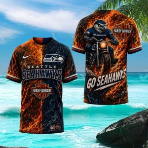 Seattle Seahawks Harley Davidson Style Biker Flaming T Shirt