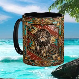 Southwestern Wolf Dreamcatcher Turquoise Native American Geometric Pattern Artistic Home Decor Ceramic Mug