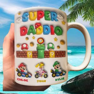 Super Daddio Mario Theme Personalized Family Gift for Father's Day Kids Names Included Mug
