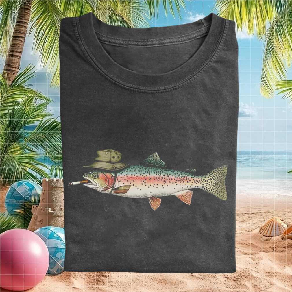 trout smoking a cigarette Vintage Poster Art Funny Retro Whimsical Print Cabin Wall Decor Outdoor Sports Fisherman Illustration Gift for Dad Displate Metal Poster is the perfect gift for anyone Tokyo-Mood Trout Smoking A Cigarette