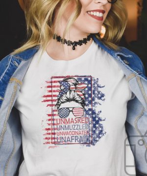Girl Glasses Unmasked Unmuzzled Unvaccinated Unafraid American flag shirt
