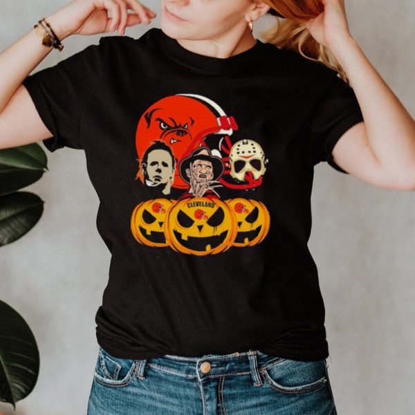 Halloween Horror Movie Pumpkin and Jason Voorhees And Freddy Krueger Cleveland Browns shirt