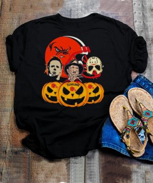 Halloween Horror Movie Pumpkin and Jason Voorhees And Freddy Krueger Cleveland Browns shirt